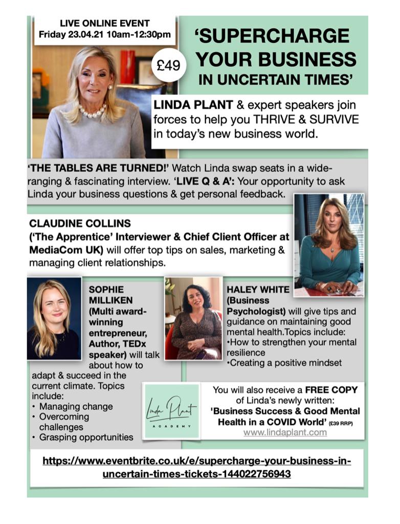 Join me for the Supercharge Your Business event! Featuring insights, practical advice, and a live Q&amp;A. With <a href="/claudinecollins/">Claudine Collins</a>, @SRS_Sophie @haleymou.  Tickets:  eventbrite.co.uk/e/supercharge-… 
*Half price for students and low income, use the code 'PAY25' at checkout.