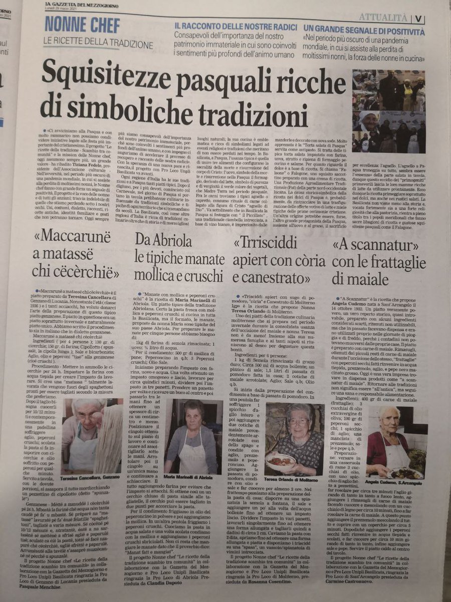 unplibasilicata's tweet photo. Su @LaGazzettaWeb la rubrica #lericettedellatradizione "NONNE CHEF" in collaborazione con #ProLoco #Unpli #Basilicata presenta le tradizionali #ricette delle #nonnechef di #Abriola #GenzanoDiLucania #Moliterno e #SantArcangelo 👏👏👏
grazie e complimenti https://t.co/fBohMtZude