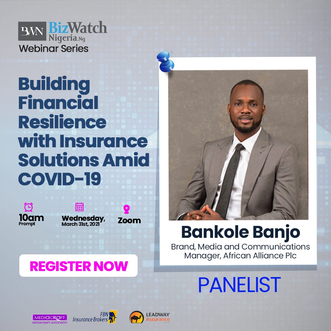 BizWatchNigeria's tweet image. Join us BizWatch Nigeria in a session with Media and Communication, African Alliance Plc, Bankole Banjo as we discuss;

BUILDING FINANCIAL RESILIENCE WITH INSURANCE SOLUTIONS AMID COVID-19

Date: Wednesday, March 31, 2021
Time: 10:00am

Register here:  zcu.io/1ksZ