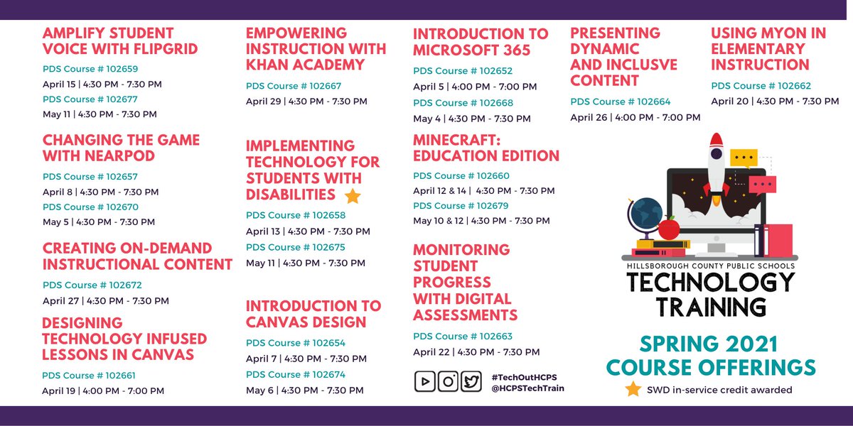 HCPSTechTrain's tweet photo. @HillsboroughSch Teachers - 

Check out the many dynamic tech training offerings our team will be facilitating in April/May!

Register today in PDS! #TechOutHCPS https://t.co/GTZMw4NQDB
