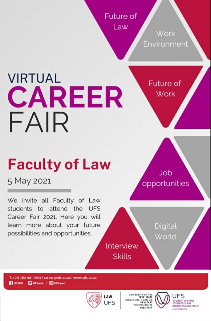 UFSlaw's tweet photo. Dear Law student
Career Services is hosting a career week, just for YOU!
3-7 May 2021
The week will include work readiness workshops, company presentation and the virtual fair.
Yes, we have moved online! More information will follow soon. Link:

https://t.co/RH4Y84n3yc https://t.co/9lFkWS8Cj4