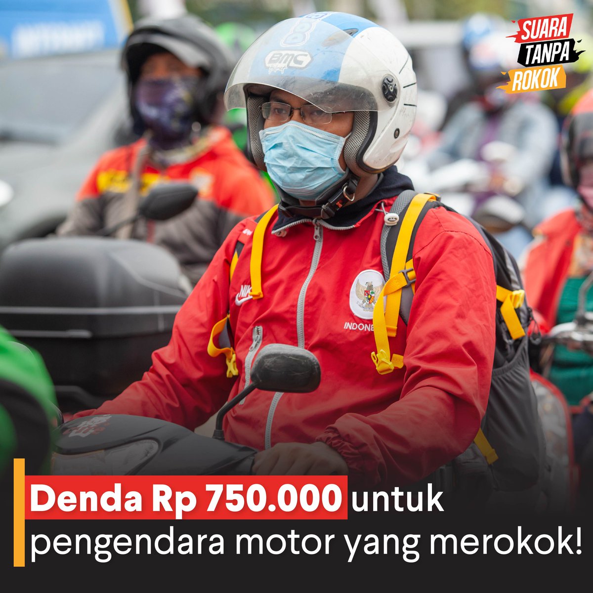 SuaraTanpaRokok's tweet photo. Peraturan Menteri Perhubungan RI Nomor PM 12 Tahun 2019 Pasal 6 melarang pengemudi untuk merokok dan melakukan aktifitas lain yang mengganggu konsentrasi ketika mengendarai sepeda motor. Ayo disiplin berkendara tanpa asap rokok! #SuaraTanpaRokok https://t.co/6HTwsPacpN