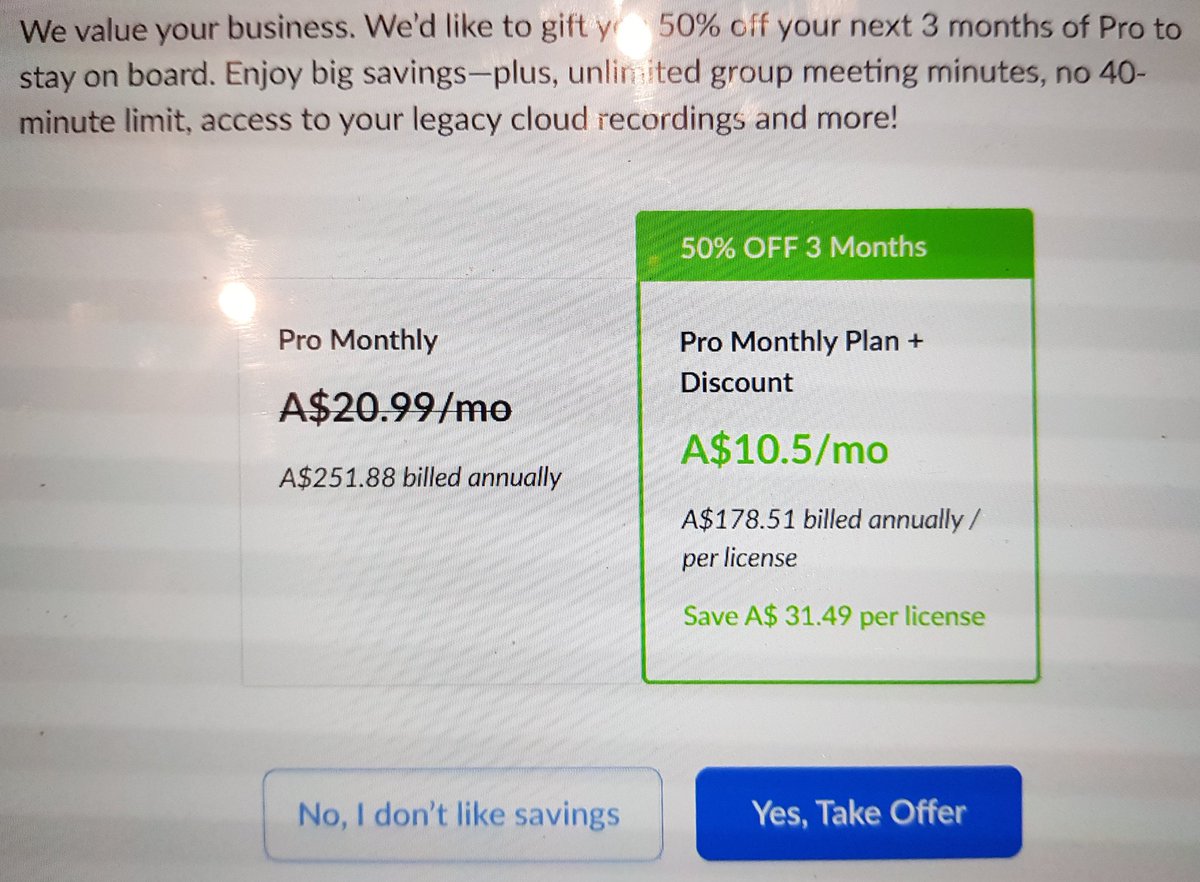 garyd203's tweet photo. This is what you get when you cancel your @Zoom account. What message does this unnecessarily send to the customer?

1. The way to get a better deal is to be a bad customer (and leave)

2. This provider talks down to me and doesnt respect my decisions ("I don't like savings")
#CX https://t.co/FzIAUQ9wZp