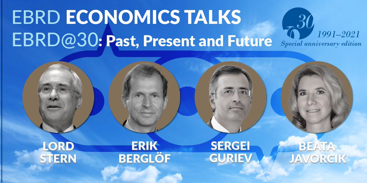 Join our 30th birthday #EBRDEconTalks w/ 
EBRD 4 Chief Economists: <a href="/lordstern1/">Nicholas Stern</a>, <a href="/ErikBerglof/">Erik Berglof</a> , <a href="/sguriev/">Sergei Guriev</a>  &amp; <a href="/BJavorcik/">Beata Javorcik</a> to discuss: 

The EBRD@30: past, present, future

Opening <a href="/OdileRenaud/">Odile Renaud-Basso</a> 
Moderator @ebrdcharles

🕛 12:00 (BST/London time)
📅 15 April
📺: facebook.com/events/faceboo…