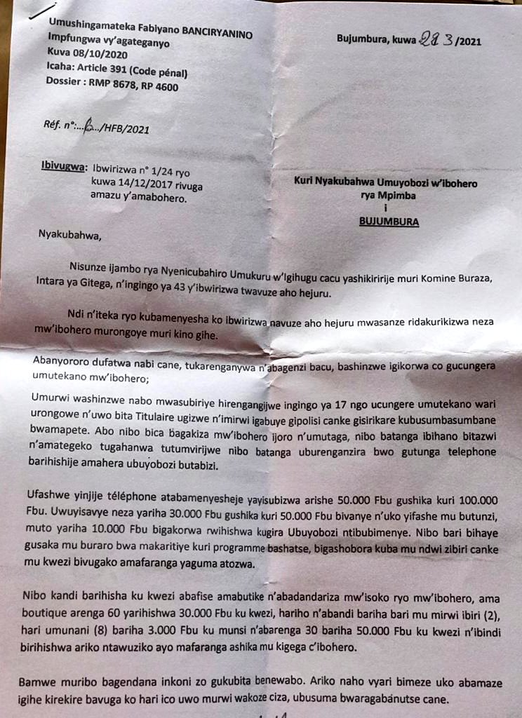 Pacifique Nininahazwe A L Origine De Ces Maltraitances Une Lettre Ecrite La Semaine Derniere Par Hon Fabien Banciryanino Au Directeur De La Prison De Mpimba Avec Copie A La