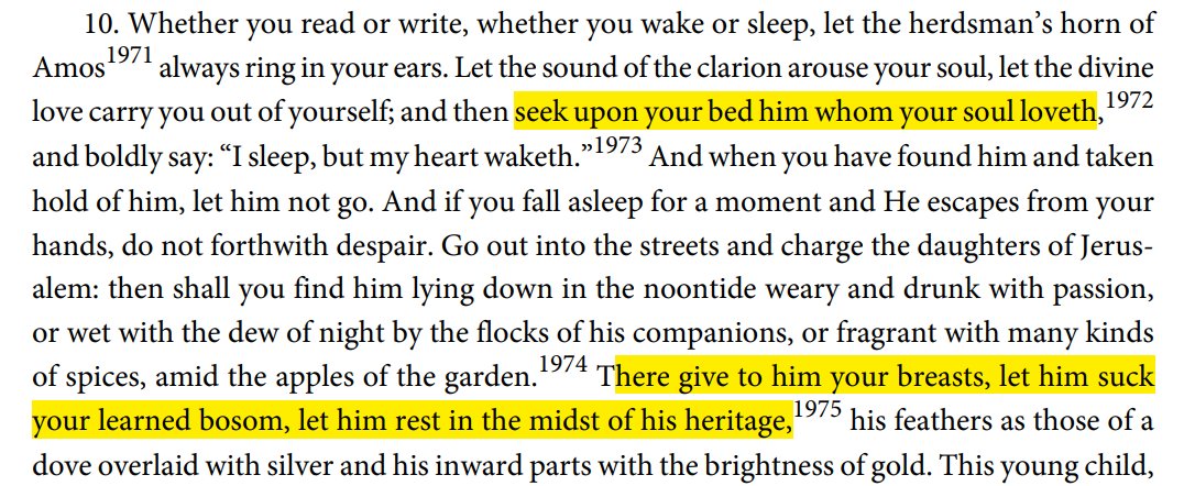St. Jerome, the translator of the Bible into Latin, wrote to a friend, urging him to seek Christ in his bed and to offer Christ his breasts to "suck." Jerome notes that Christ's "inward parts" are bright as gold.