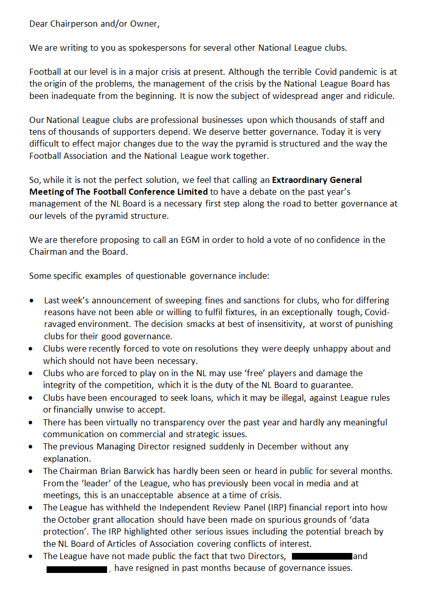 Ollie_Bayliss's tweet photo. National League clubs have been asked if they will support an EGM to debate this resolution:

"The meeting has no confidence in the Chairman and the Board."

The EGM is being proposed by Maidstone United and Dorking Wanderers.

Clubs have been asked to respond by 12pm Wednesday. https://t.co/HGaZrUrKEv