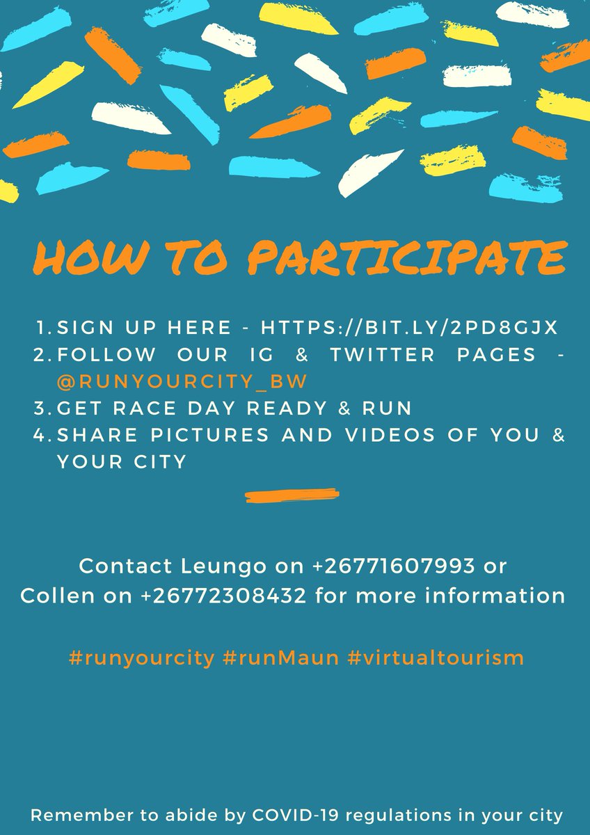 RunYourCity_BW's tweet photo. We are excited for our first virtual run on Saturday 24th April! Run with us and share pictures and videos of landmarks that make your city the city it is.
Sign up here - https://t.co/uJMm6vEtID
#runyourcity #runMaun #virtualtourism https://t.co/3ngfWpJacB