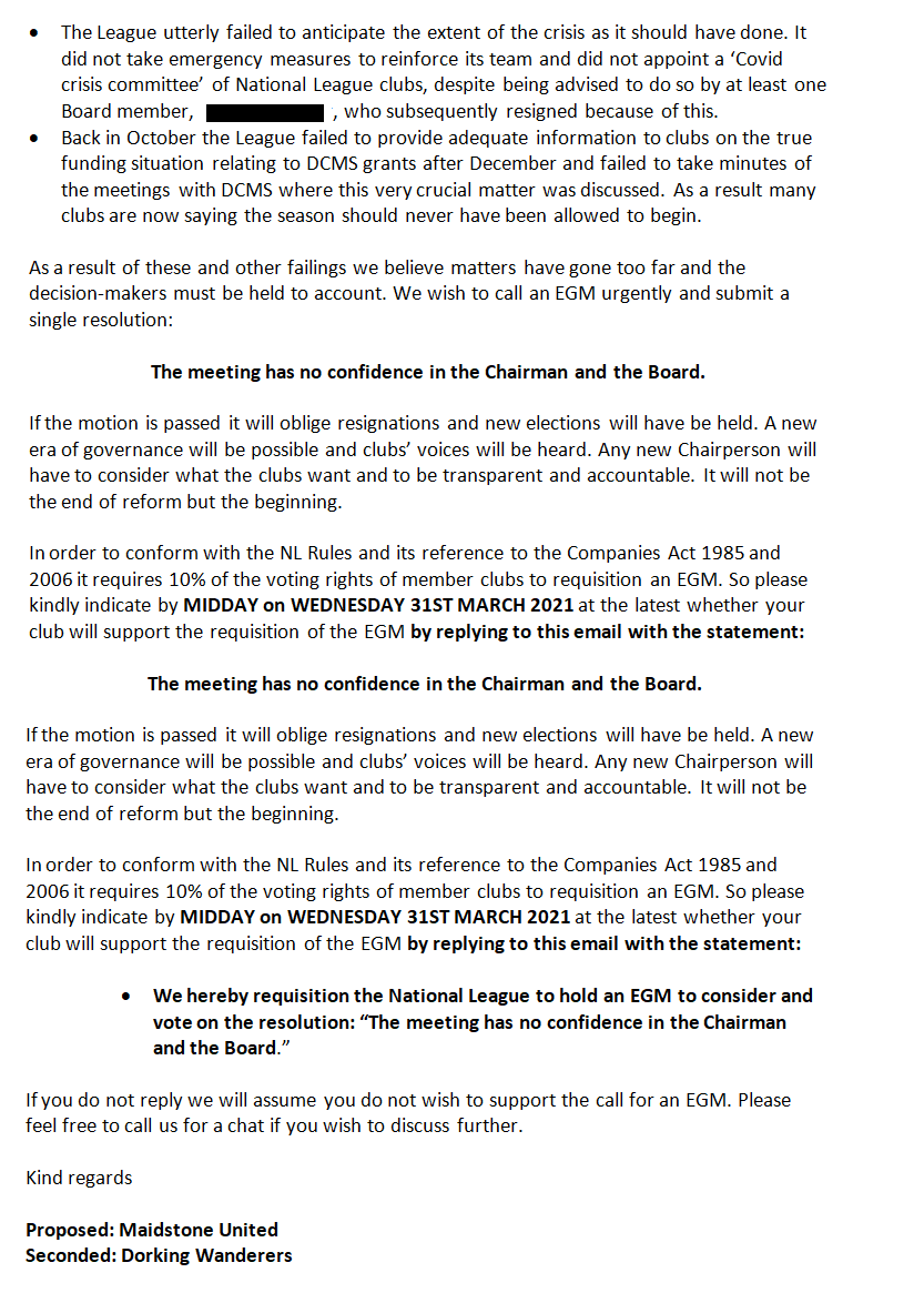 Ollie_Bayliss's tweet photo. National League clubs have been asked if they will support an EGM to debate this resolution:

"The meeting has no confidence in the Chairman and the Board."

The EGM is being proposed by Maidstone United and Dorking Wanderers.

Clubs have been asked to respond by 12pm Wednesday. https://t.co/HGaZrUrKEv