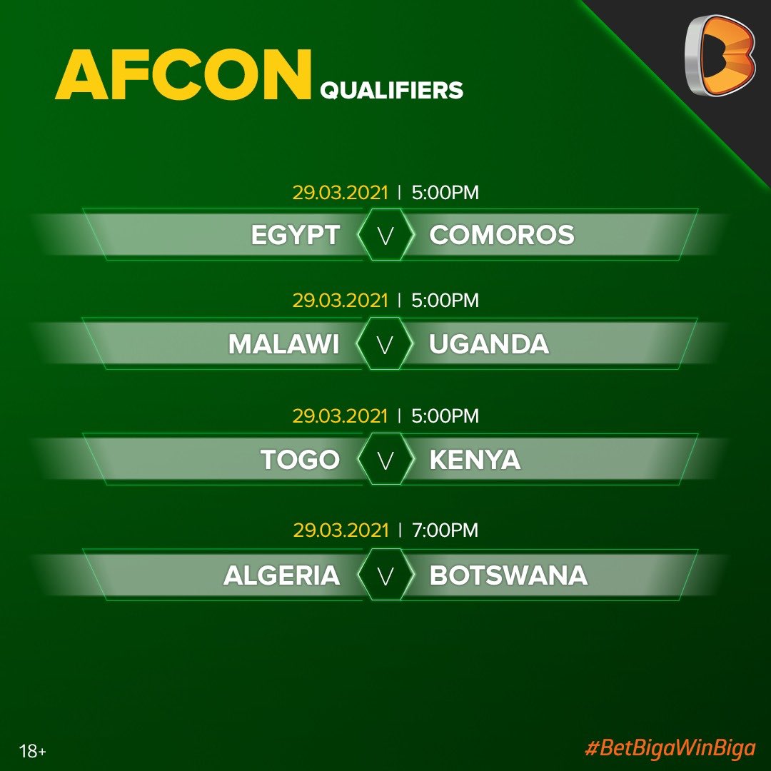 iamOkon's tweet photo. #AFCON2021Q today: 

Egypt v Comoros - 1
Malawi v Uganda - Over 0.5
Togo v Kenya - 1X
Algeria v Botswana - 1

Play NOW!: https://t.co/KYawfDCoVA

#BetBigaWinBiga https://t.co/YX6i37goXt