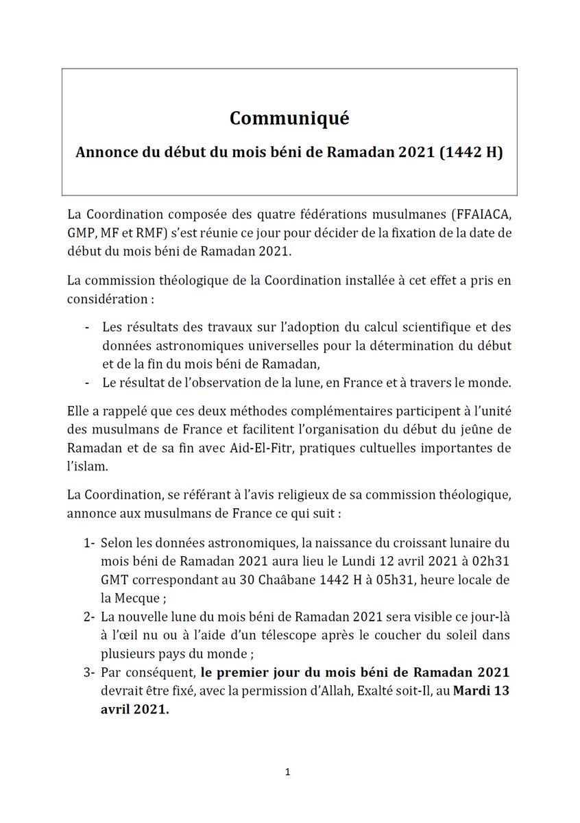 France_Maghreb2's tweet photo. #Islam : début du #Ramadan
Communiqué intégral de la Coordination des 4 fédérations en "rupture" avec le @CfcmOfficiel :
@mosqueedeparis @MF_Musulmans @RMF_officiel #FFAIACA qui annoncent que le dĂ©but du mois de #Ramadan devrait ĂȘtre fixĂ© au mardi 13 avril 2021
inch'Allah đ€Č https://t.co/yTkFEixiiE