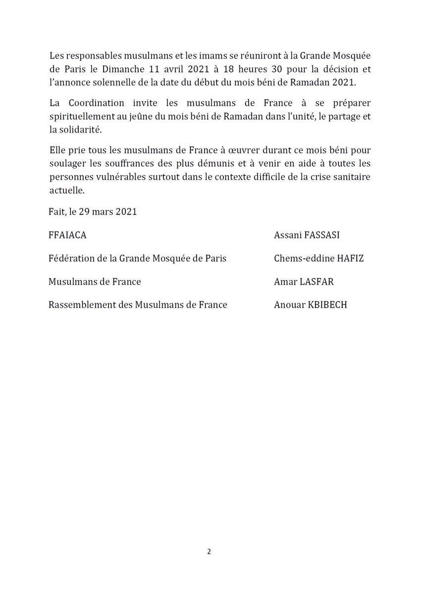France_Maghreb2's tweet photo. #Islam : début du #Ramadan
Communiqué intégral de la Coordination des 4 fédérations en "rupture" avec le @CfcmOfficiel :
@mosqueedeparis @MF_Musulmans @RMF_officiel #FFAIACA qui annoncent que le dĂ©but du mois de #Ramadan devrait ĂȘtre fixĂ© au mardi 13 avril 2021
inch'Allah đ€Č https://t.co/yTkFEixiiE