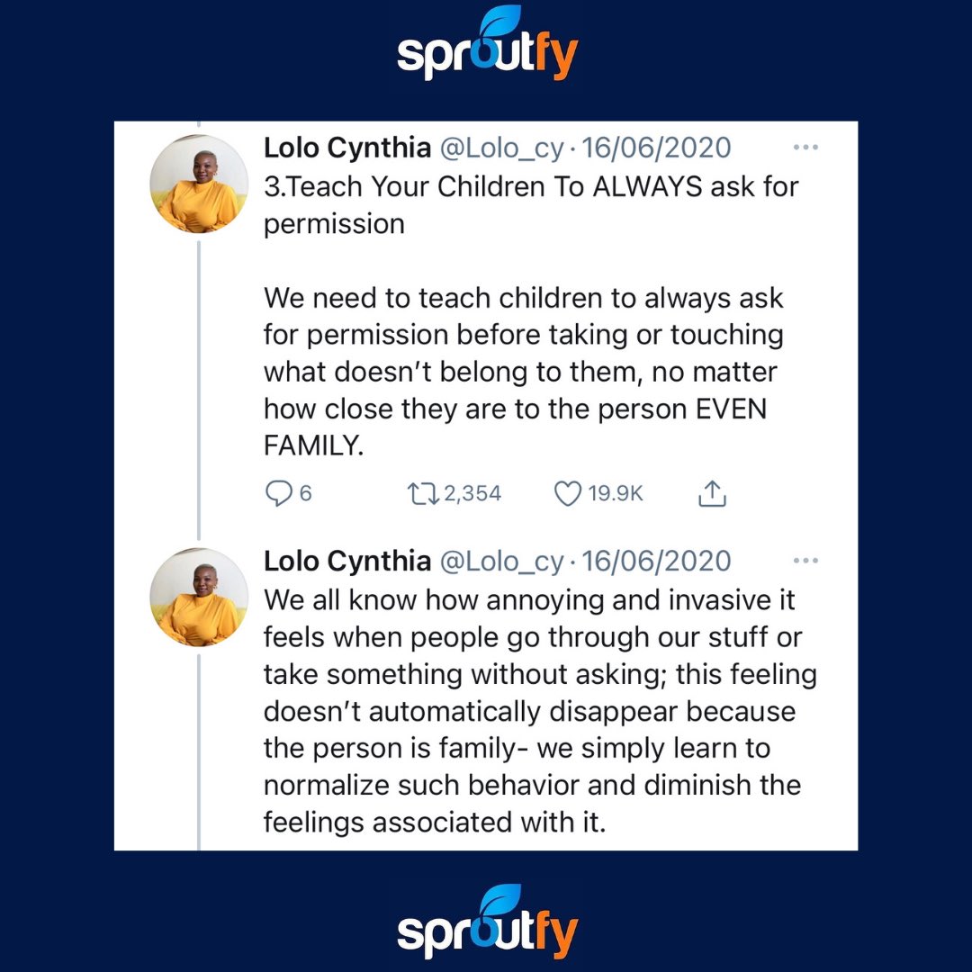 Sproutfy's tweet photo. Check out ways to talk to children about consent. Always remember to inform them a No means No. 
#children #childrenmatters #childeducation #childsafety #realparentingmoments #parentinglife
Credit:@Lolo_cy https://t.co/EmvprWEqVb