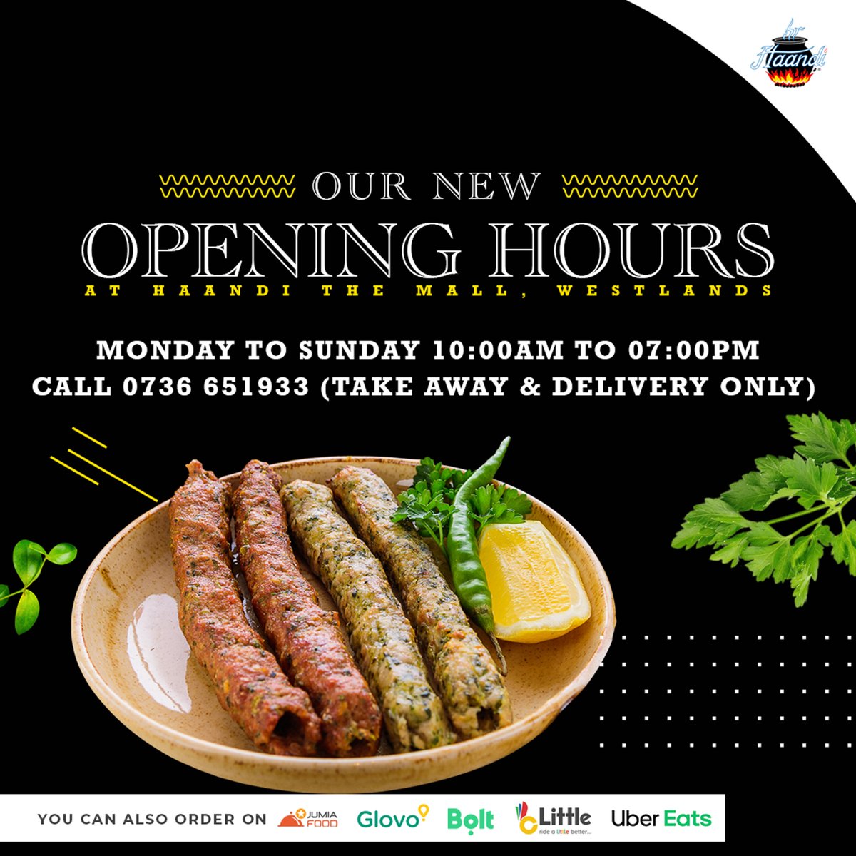 Get the same #HaandiExperience at home with our take-away and delivery services available daily from 10:00am to 07:00pm. Call 0736 651933 to place your orders.