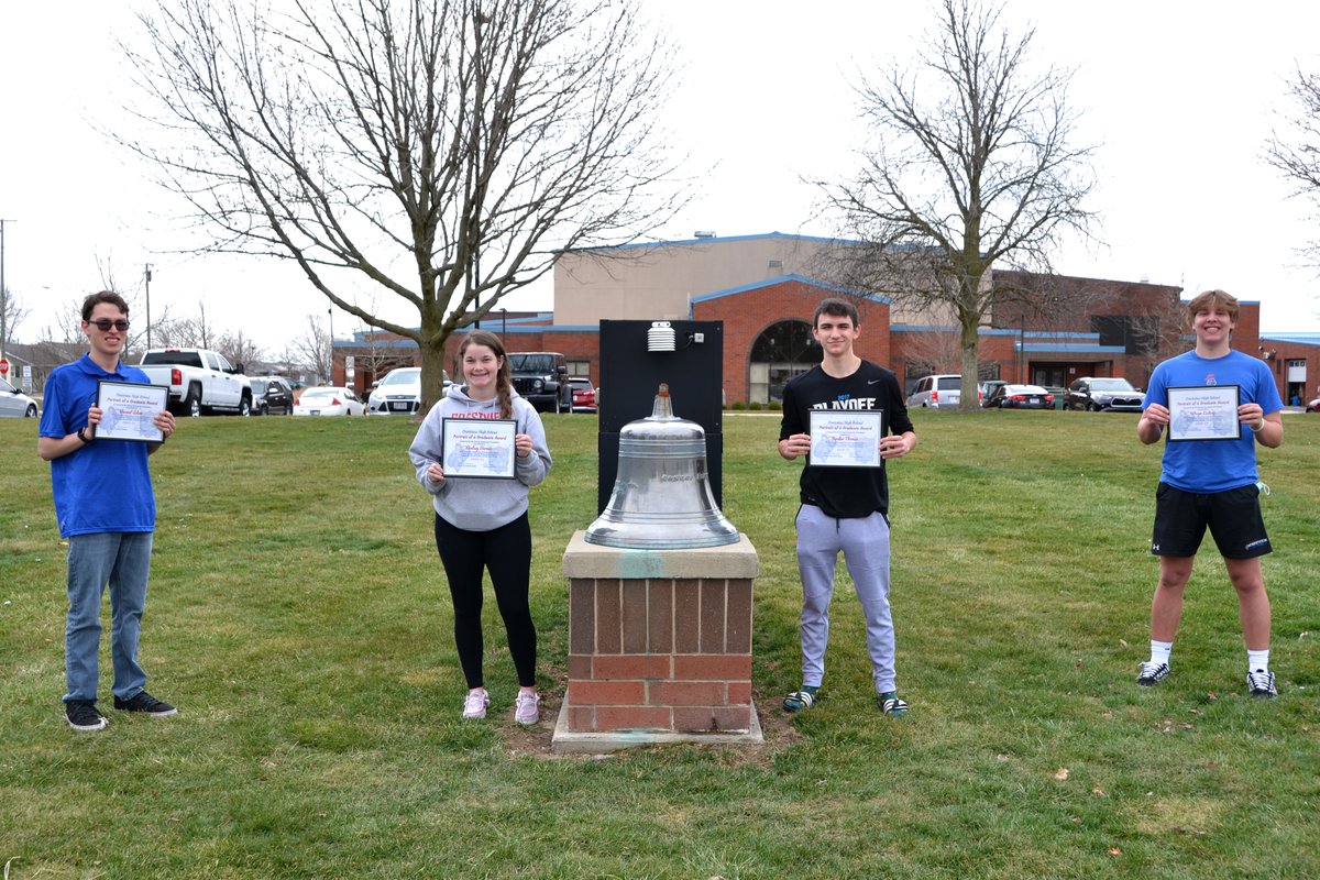 CHS Portrait of a Graduate Award (PGA) winners for displaying the Portrait competencies of Innovative Thinker, Invested Worker, Integrity-Driven Decision Maker, Interpersonal Communicator, and Informed Citizen are Vincent Adam, Lindsey Barnes, Jordan Thomas, and Wesyn Ludwig.