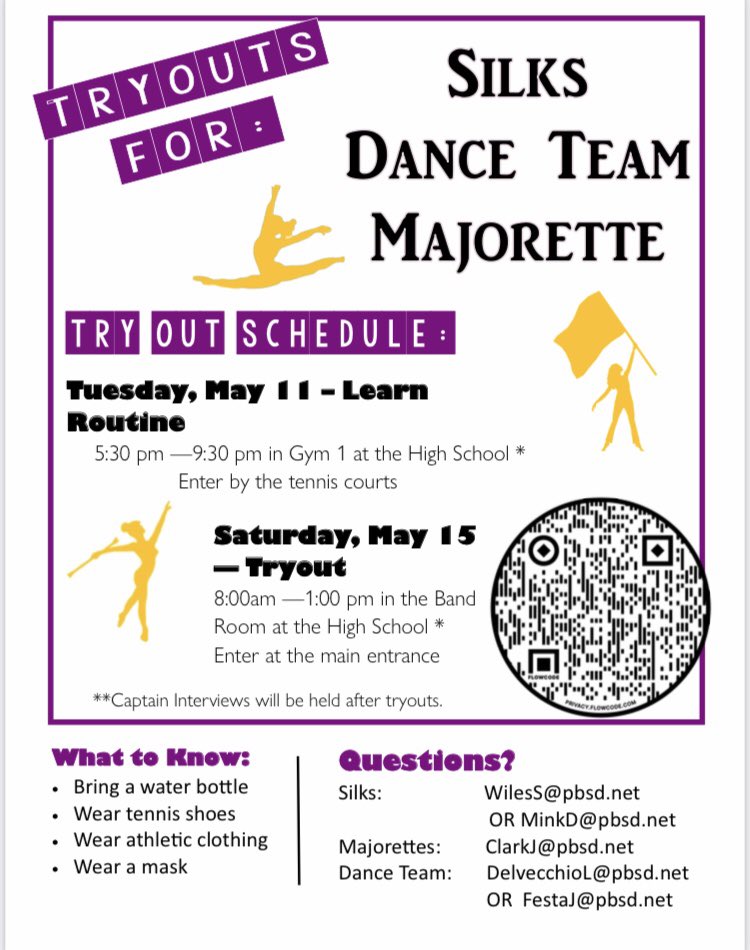 PlumBand's tweet photo. Dates are announced for Band Front Tryouts 2021! Try out to be a part of the Silks, Majorettes, or Dance Team with the PHS Marching Band! See you then!! @plumboroughsd https://t.co/bhQcany7G1