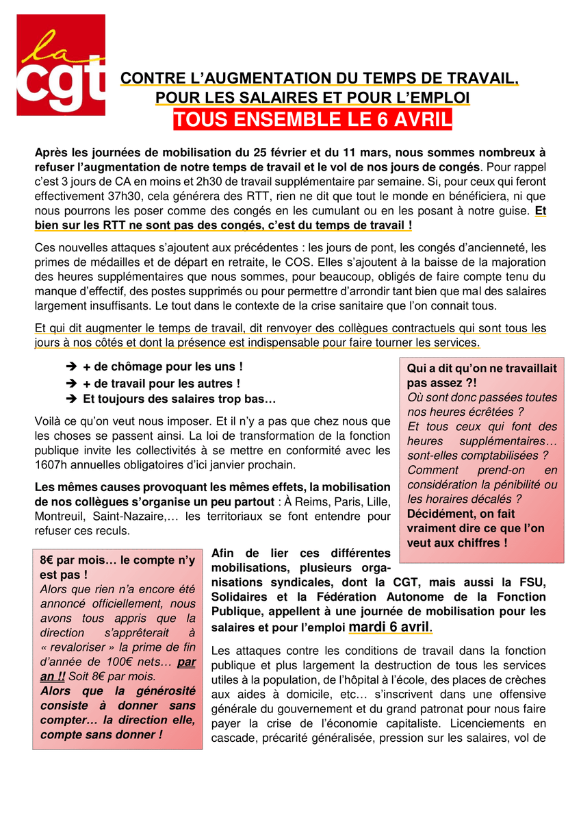 CGTcaGB's tweet photo. Contre l'augmentation du temps de travail, pour les salaires et pour l'emploi. 

TOUS ENSEMBLE LE 6 AVRIL

Poursuivons notre mobilisation contre le vol de nos congés et l’augmentation de notre temps de travail, ...

MARDI 6 AVRIL 2021 10 H DEVANT L’HOTEL DE VILLE https://t.co/ieIVR482yT