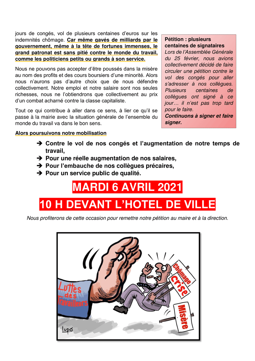 CGTcaGB's tweet photo. Contre l'augmentation du temps de travail, pour les salaires et pour l'emploi. 

TOUS ENSEMBLE LE 6 AVRIL

Poursuivons notre mobilisation contre le vol de nos congés et l’augmentation de notre temps de travail, ...

MARDI 6 AVRIL 2021 10 H DEVANT L’HOTEL DE VILLE https://t.co/ieIVR482yT