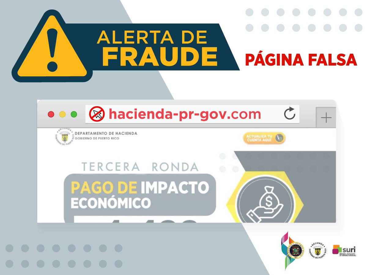 DptoHacienda's tweet photo. 🚨 Precaución | ⚠️ Alerta de fraude a través de página web falsa 

El Departamento no ha creado ningún formulario para solicitar los $1,400. 

NO ❌ comparta información confidencial personal a través de esta página https://t.co/ZgVlmfBv3i. Es una dirección falsa. https://t.co/aoe5S7hWp3