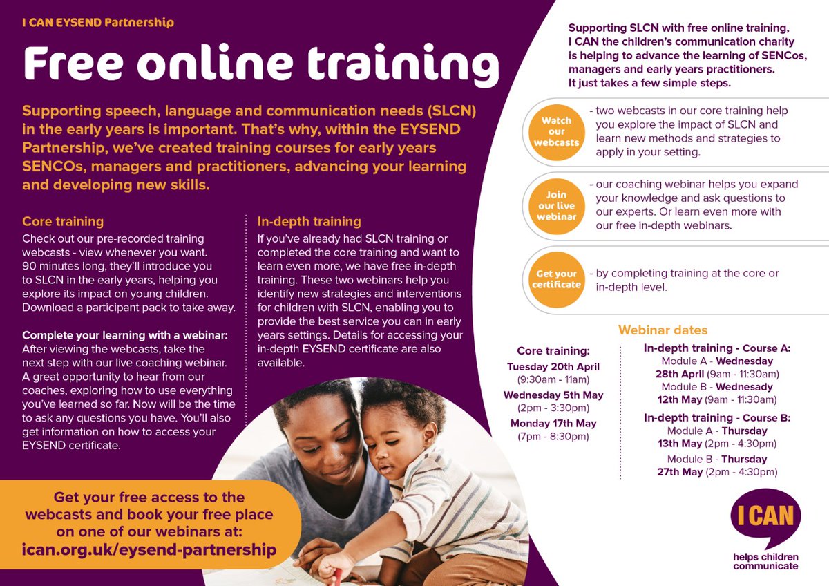 SpeechAndLangUK's tweet photo. As part of the EYSEND Partnership, we are delighted to extend our offer of training to #earlyyears SENCos, managers and practitioners supporting children with #SLCN in early years settings. Training is now available throughout April and May 2021! Visit https://t.co/2RT7napRuO https://t.co/mtD77lylga