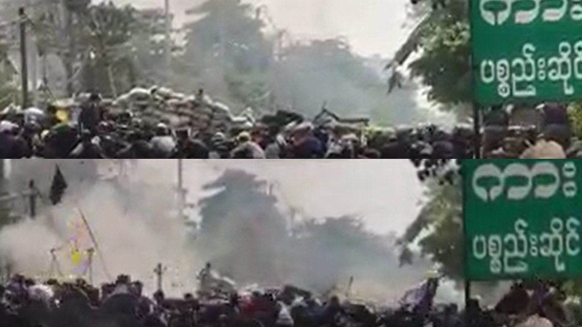 Looks as though Myanmar junta's forces now using heavier weapons against anti-coup protesters. Whatever was used in South Dagon, Yangon, appeared to knock down a barricade of sandbags. #WhatsHappeninglnMyanmar