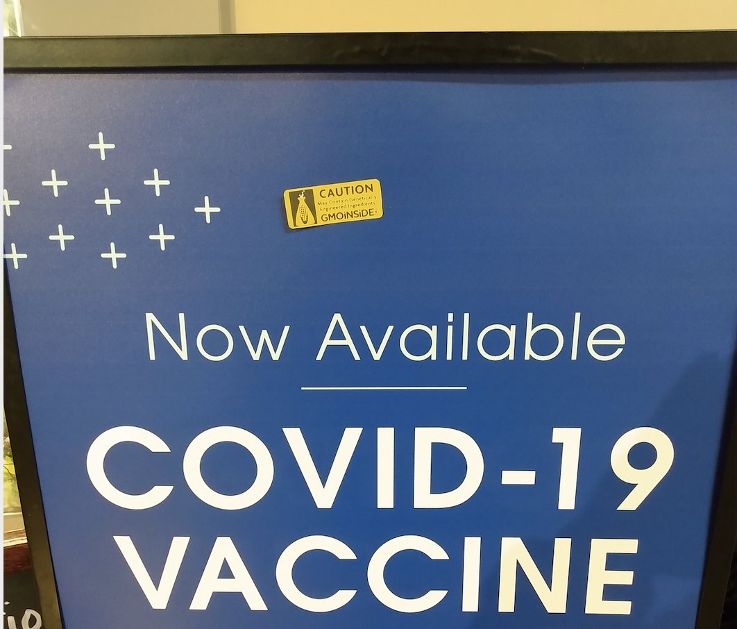 elligott99's tweet photo. Interesting sign at the pharmacy. Zoom in closely... what do we see there? 

#CovidVaccine 
#CoronaVaccine 
#COVID19 
#mRNA
#GMO 
#WeDoNotConsent 
#WeWillNotComply
#JustSayNo https://t.co/5fsJSRDQTx