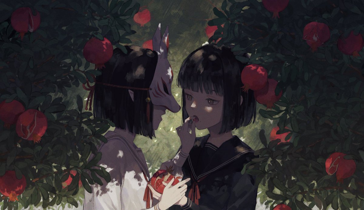 multiple girls 2girls fruit black hair mask food short hair  illustration images