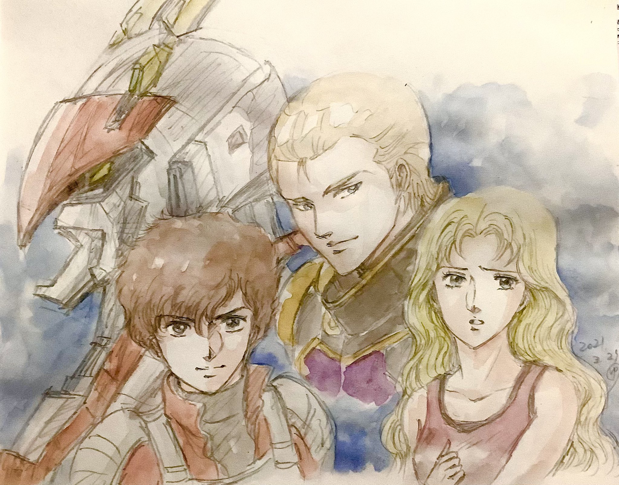 ゆきち 機甲戦記ドラグナー描きました マイヨとリンダのプラート兄妹は二人とも髪をぐしゃぐしゃっとして下ろしてやりたい衝動に駆られますww だけど主人公ケーンも外せないし と悩んだ末 メイン三人とバリグナー描くことに あのop大好きだったんです