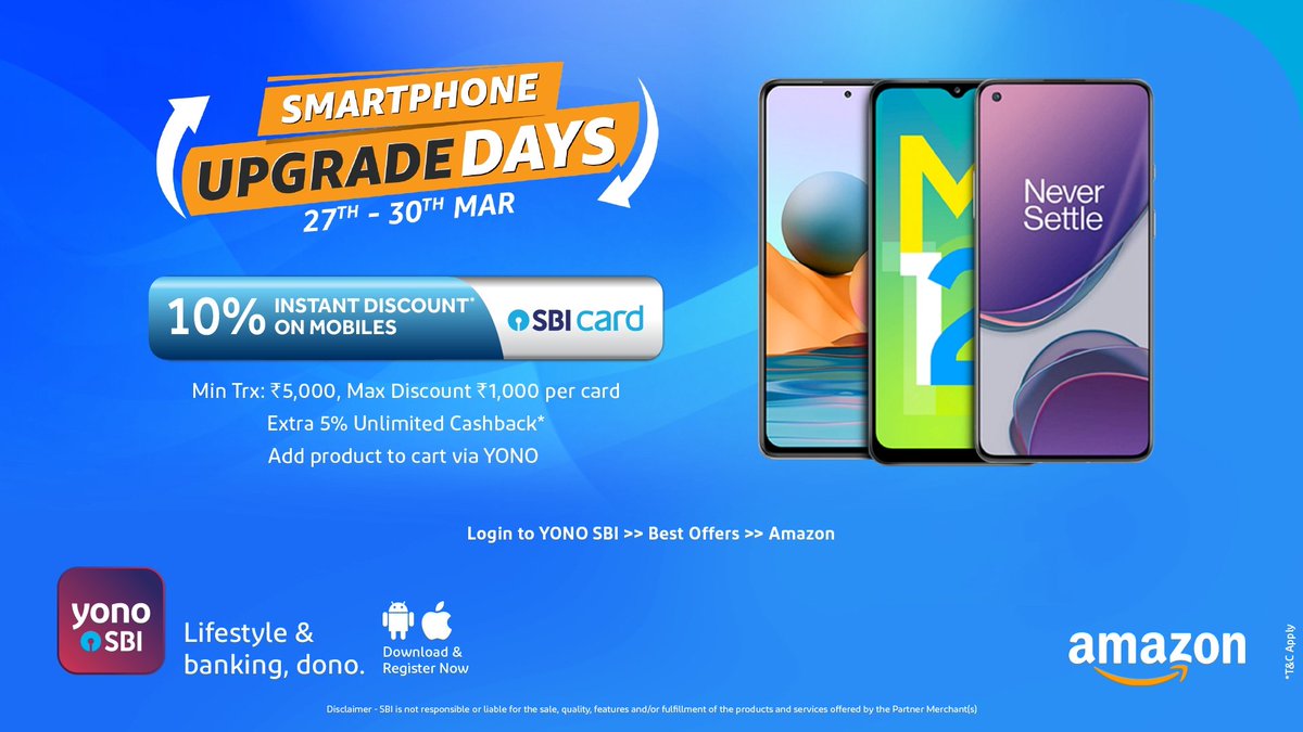TheOfficialSBI's tweet photo. Give your smartphone a much deserved upgrade with YONO SBI. 

What are you waiting for? 

#YONOSBI #SBICard #SmartphoneUpgradeDays #Offers #Amazon https://t.co/lx2KbXYegb