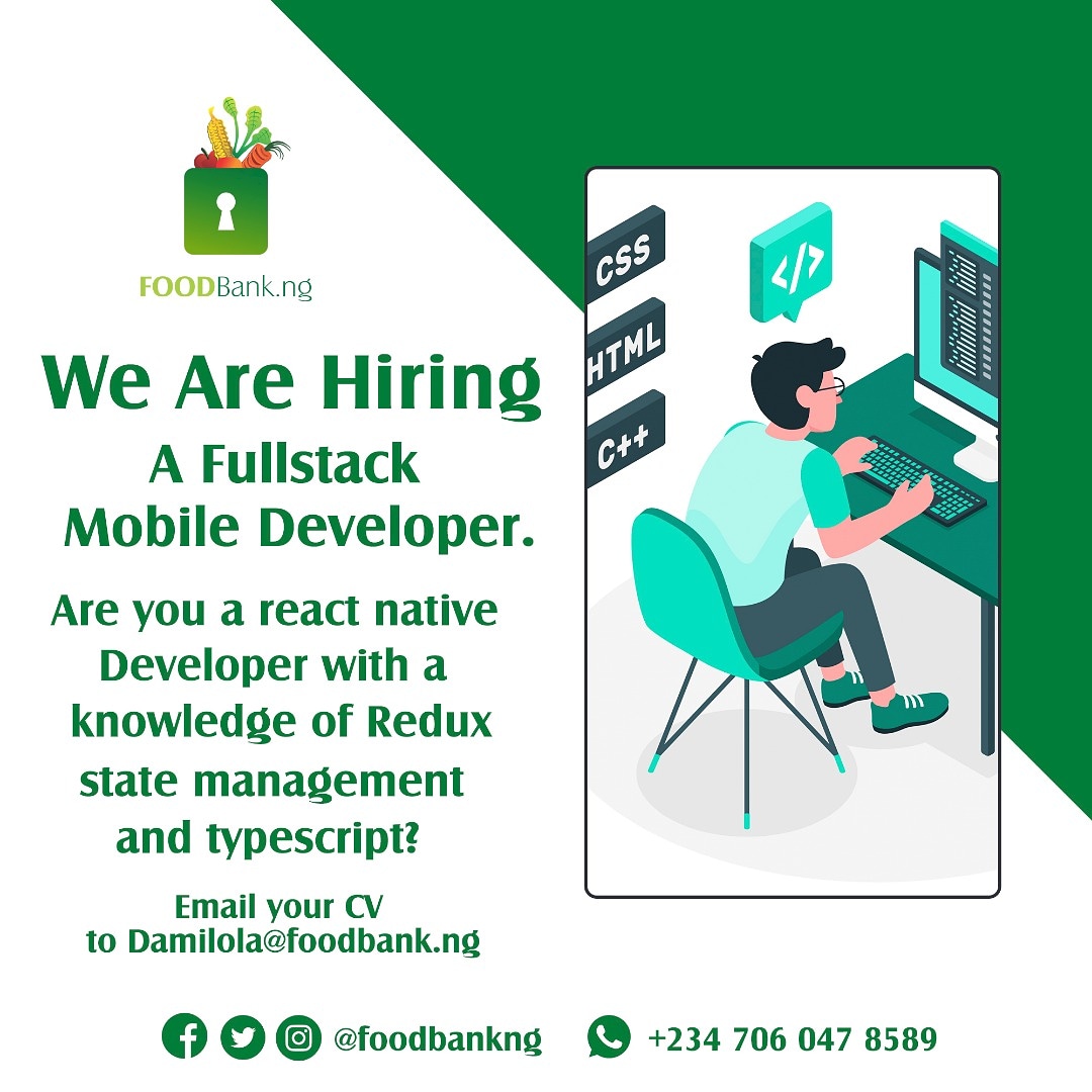 Foodbankng's tweet photo. Are you a full stack mobile developer?
We would like to have you on board.
Send your CV with the links to the jobs you've done to Damilola@foodbank.ng

#MondayMotivation #mondaythoughts #hiring #vacancy #developer #startup https://t.co/tWGtO780d1