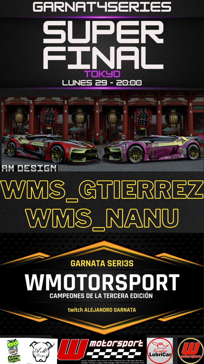 Hoy nos toca <a href="/motorsport_w/">W. MOTORSPORT</a> la gran final 
de las garnata series <a href="/AGarnata/">Alejandro Garnata</a> 
Suerte a nuestros compañeros 
1️⃣ <a href="/Nanu14_29/">NANU</a> 🚙💨💨
2️⃣ <a href="/luisitoyto/">Luis gutierrez</a> 🚙💨💨