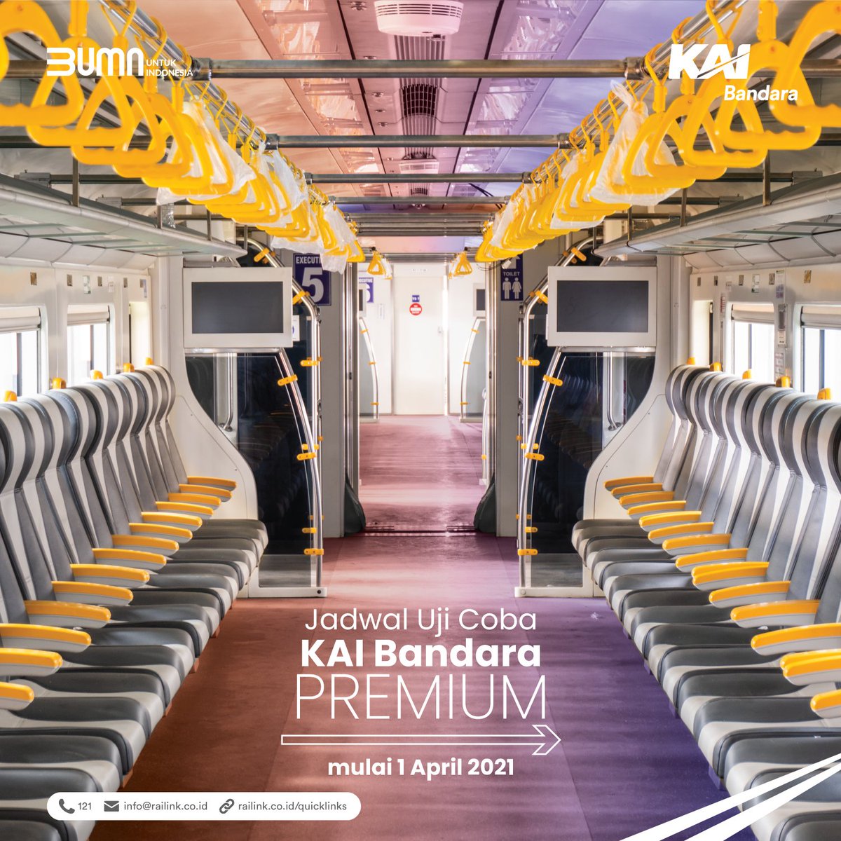 KAIBandara's tweet photo. Mulai 1 April 2021, uji coba KAI Bandara Premium dan Eksekutif akan beroperasi melayani penumpang dengan jadwal tertentu. Simak jadwal dan tarif layanan masing-masing Kereta Api.

#KABandaraRailink #SelangkahkeBandara #TinggalPilih https://t.co/LXVonT4va6