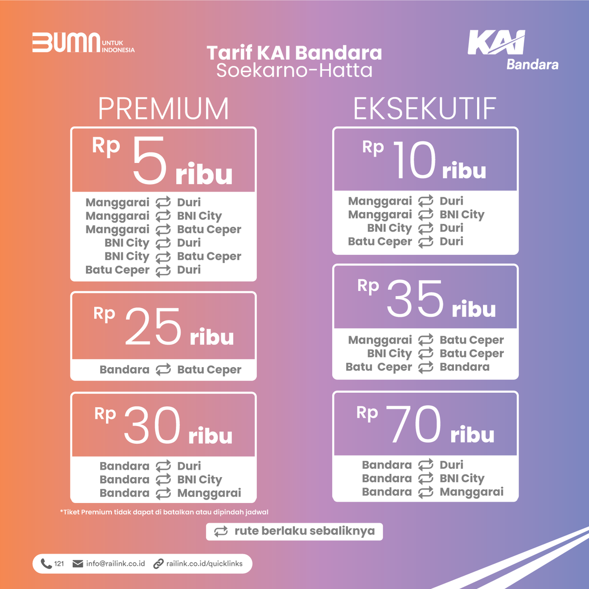 KAIBandara's tweet photo. Mulai 1 April 2021, uji coba KAI Bandara Premium dan Eksekutif akan beroperasi melayani penumpang dengan jadwal tertentu. Simak jadwal dan tarif layanan masing-masing Kereta Api.

#KABandaraRailink #SelangkahkeBandara #TinggalPilih https://t.co/LXVonT4va6