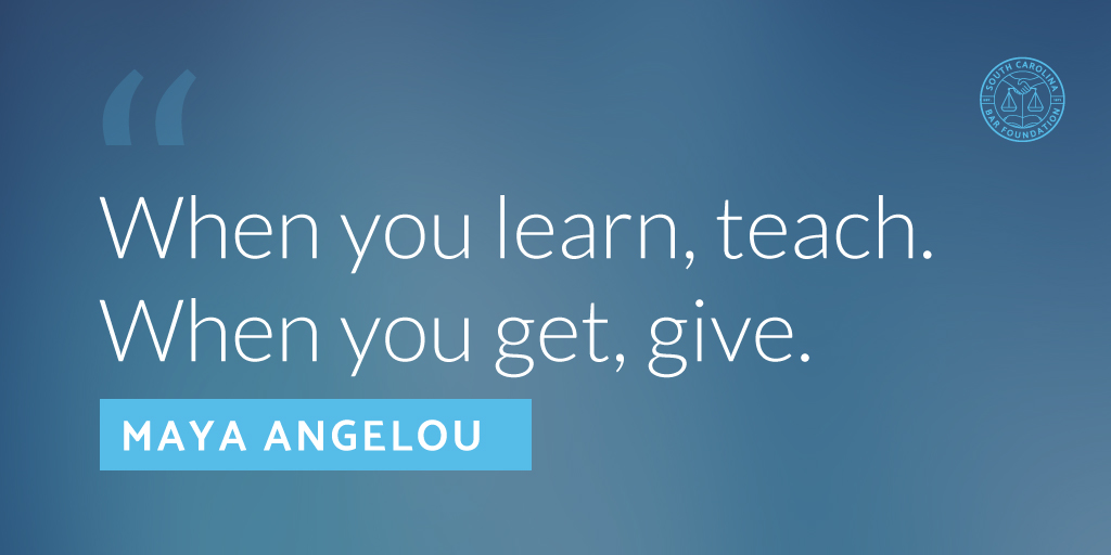 SCBarFoundation's tweet photo. We strive to both teach and give. Promoting legal access, aid, and education is what we do, and it is only possible because of our grantees' work and the donations of our supporters. Thank you for being a part of this team!
#scbarfoundation #MotivationMonday https://t.co/AJGxntc20l