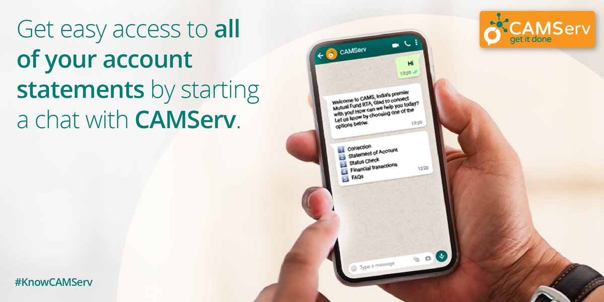 Camsonline's tweet photo. Want to have your #AccountStatements sent directly to your registered mail ID? Just start a chat with CAMServ by sending a #WhatsApp message to 63848 63848 and request from a range of account statements that suit your requirements. https://t.co/gFXxbiDFjb