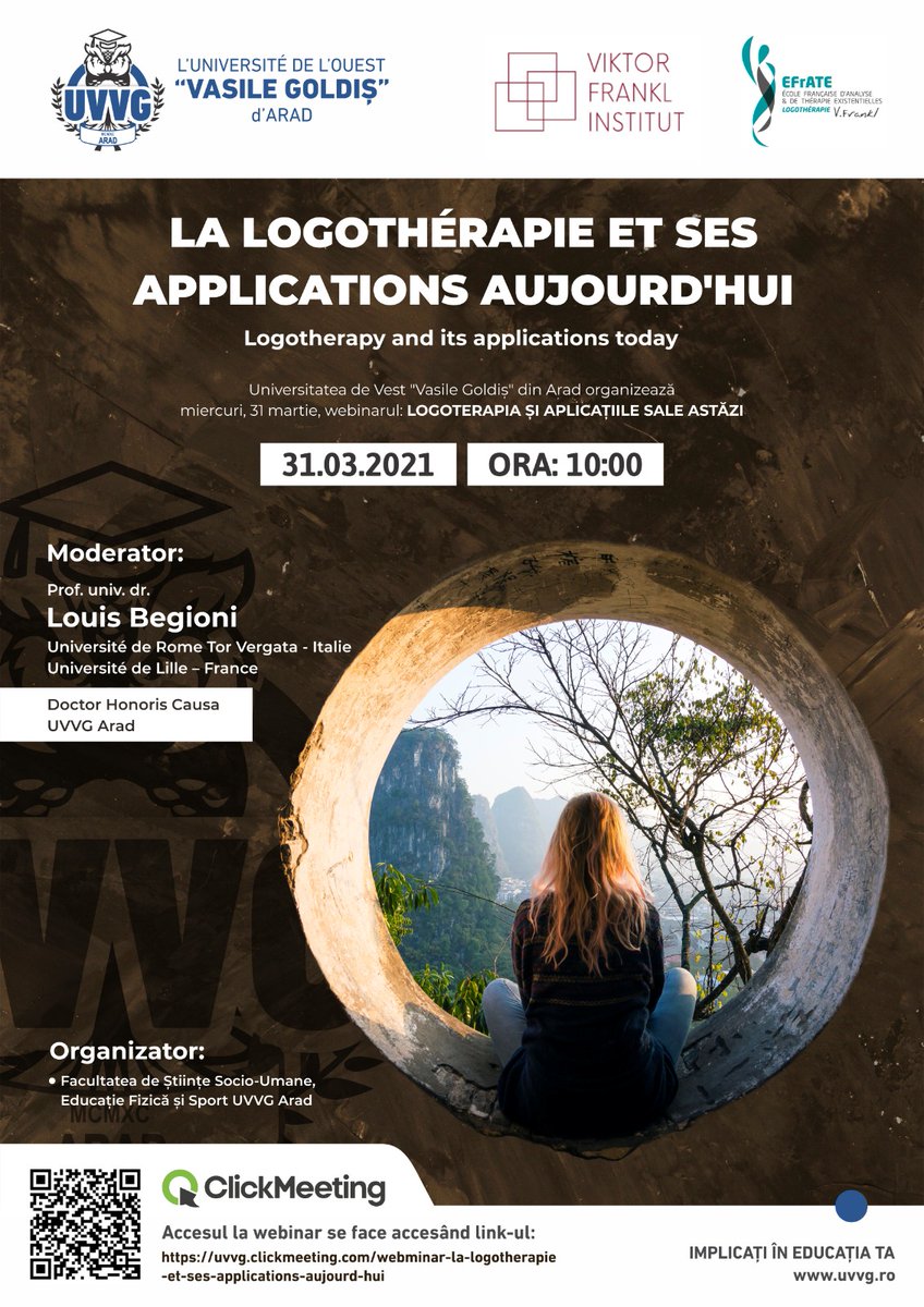 uvvgarad's tweet photo. Universitatea de Vest "Vasile Goldiș" din Arad organizează miercuri, 31 martie 2021, webinar-ul LOGOTERAPIA ȘI APLICAȚIILE SALE ASTĂZI!

Accesul la webinar se face prin link-ul:
https://t.co/ffVviudoFJ

#UVVG #ImplicatiInEducatiaTa #FSSUEFS #StudentUVVG https://t.co/YRCtvChTUt