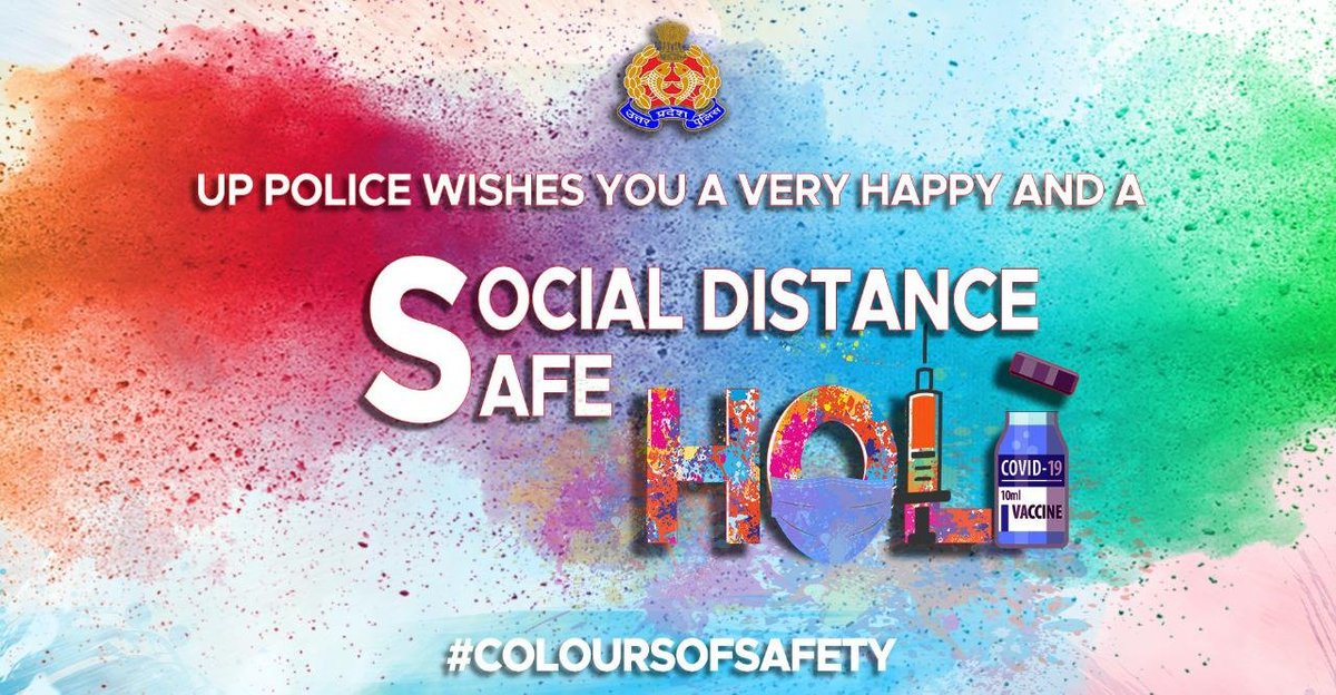 Uppolice's tweet photo. While you play Holi, the only commitment which should not mutate is for everyone’s safety ! 
#StaySafe 
#MaskLagaLoHoliHai
#HappyHoli
#COVID19 https://t.co/qB1GsHDZ0M