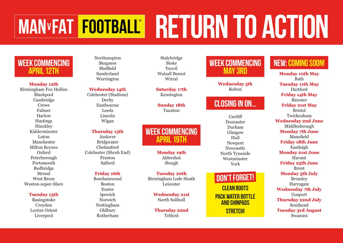 manvfat's tweet photo. Our #manvfat leagues return in TWO WEEKS time!

Here's the list of dates that are confirmed, the ones we're closing in on, and the new leagues that are booked in!

What's more, there's loads of new leagues coming up in the next few months, too. https://t.co/3j33DcZk3L