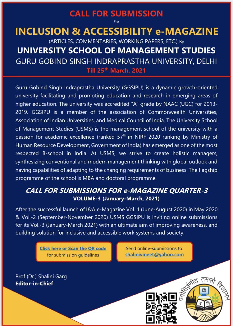 Shalini50251722's tweet photo. Dear All 
Kind Attention To The New Date Of Release Of e-Magazine with special issue on Autism # Autism Awareness Week (29/03-4/4/2021)
Vol 3 of I&amp; A e-Magazine, Special Issue: "Amazingly Upstanding Thoroughly Inventive Sporadically Mystical"
02April 2021 
Best,
Prof Shalini Garg https://t.co/FRyIaHS5UD