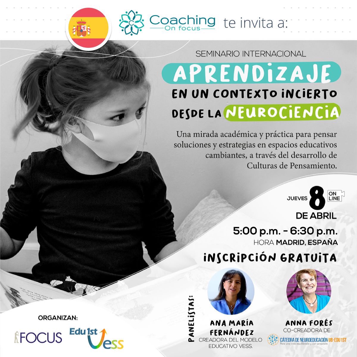 📌  APRENDIZAJE EN UN CONTEXTO INCIERTO 

Seminario Internacional Gratuito: 8 de abril, 17:00 h.🔝🔝🔝🔝

Ponentes: <a href="/anafer/">anafer</a>  <a href="/Edu1stVESS/">Edu1st</a> y <a href="/Aforesm/">Anna Forés</a> 

Más información: lnkd.in/ebzRgHQ

Link de inscripción:
lnkd.in/dw328tQ

#neurociencia #coaching #neuroeducación