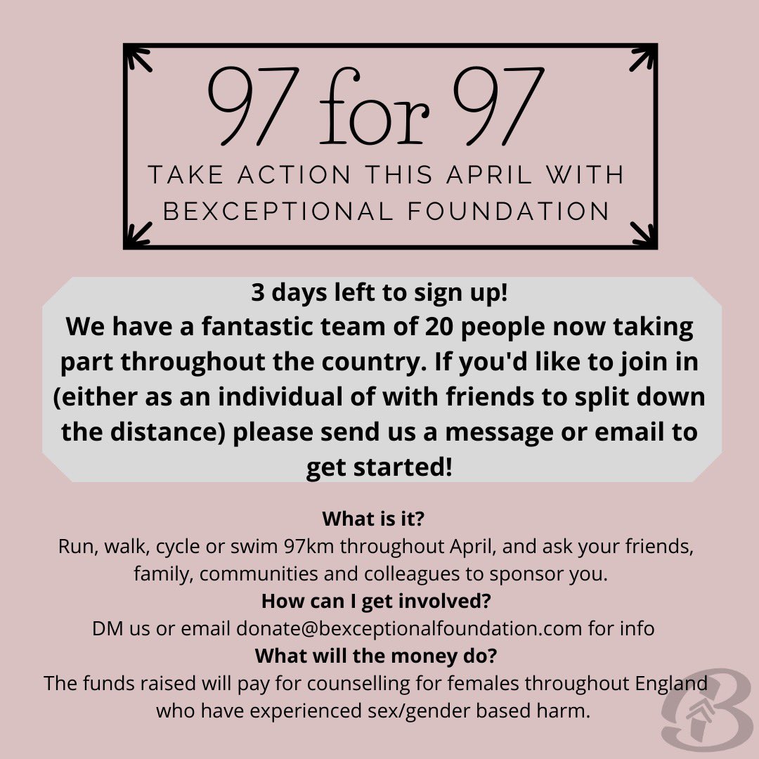 BexceptionalFdn's tweet photo. We’re already on our way to our target! If you’d like to join in with our 97 for 97 challenge or sponsor one of the participants please get in touch https://t.co/rTF6mYMUwV