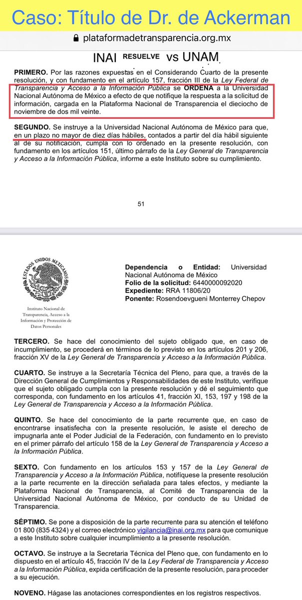 PazConDialogo's tweet photo. 🚨INAI resuelve que la UNAM tiene q informar, sobre la LEGITIMIDAD del título de DOCTOR en DERECHO de JOHN M. ACKERMAN, a más tardar en 10 días hábiles🚨

Se llega a la última instancia por la negativa de la UNAM para informar al respecto. https://t.co/zkO6oBPkuJ