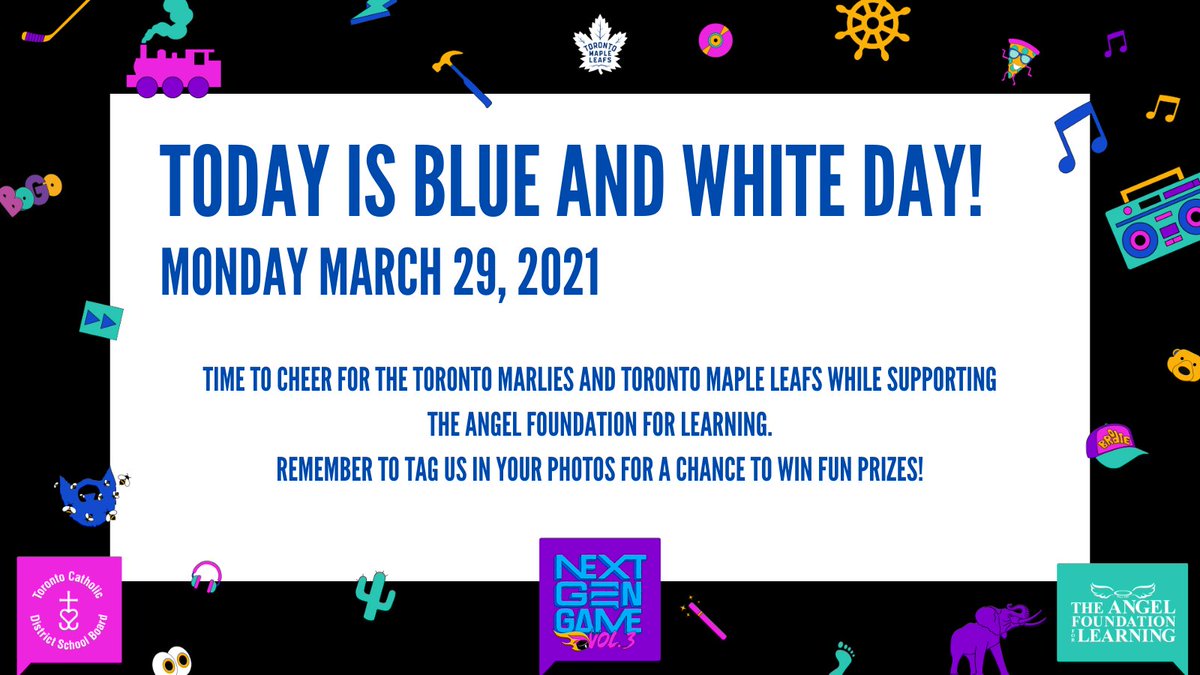 Today is the big day! We hope you have fun celebrating Blue and White Day at home or in school. Remember to tag <a href="/AFLToronto/">The Angel Foundation</a> in your best family/class photos for a chance to win some fun prizes. Draw is tomorrow. Let's go <a href="/TorontoMarlies/">Toronto Marlies</a>! Let's go <a href="/MapleLeafs/">Toronto Maple Leafs</a>! <a href="/TCDSB/">Toronto Catholic District School Board</a> <a href="/CSLIT_TCDSB/">CSLIT</a>