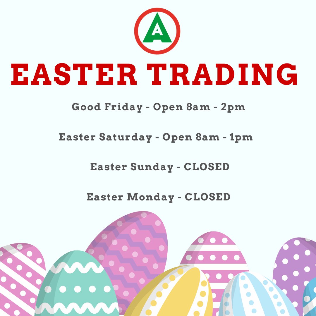 AlsfordOfficial's tweet photo. We are open on #GoodFriday and #Easter Saturday, so still time to order ready for any projects over the Easter long weekend!
We reopen on Tuesday 6th April at our normal trading hours.
#EasterTrading #Timber #Builders #Merchant #Carpenters #Landscapers #Trades #DIY https://t.co/f0grizLwI8