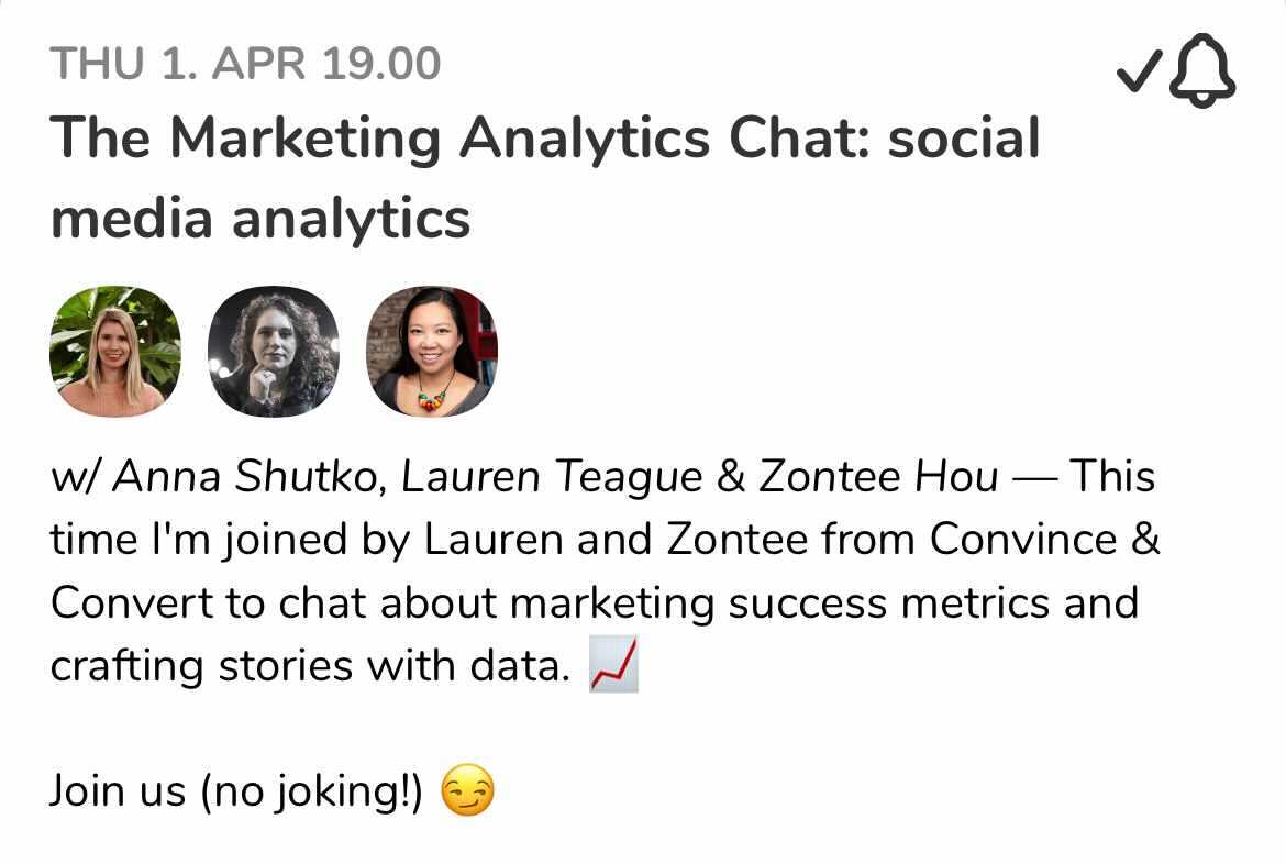 Are you ready for another @joinClubhouse chat?😏

This time, @annashutko is joined by <a href="/LaurenTTeague/">Lauren Teague</a> and <a href="/ZonteeHou/">Zontee Hou</a> from <a href="/convince/">Convince & Convert</a> to chat about marketing success metrics and crafting stories with data.

Join them on April 1st at 12pm EDT/9am PDT/7pm EEST👉ow.ly/AksN50E9ghH