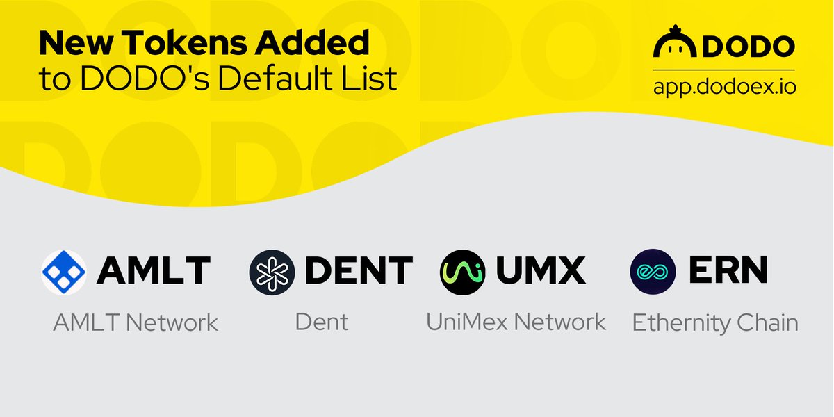 BreederDodo's tweet image. 🔥Tokens added to the default trading list on DODO: 

@AMLT_Token2  - $AMLT
@dentcoin - $DENT
@UniMex_Network  - $UMX
@EthernityChain - $ERN

📈Trade these and more : app.dodoex.io 🐥

🥚🐣🐥🚀

#justDODOit
