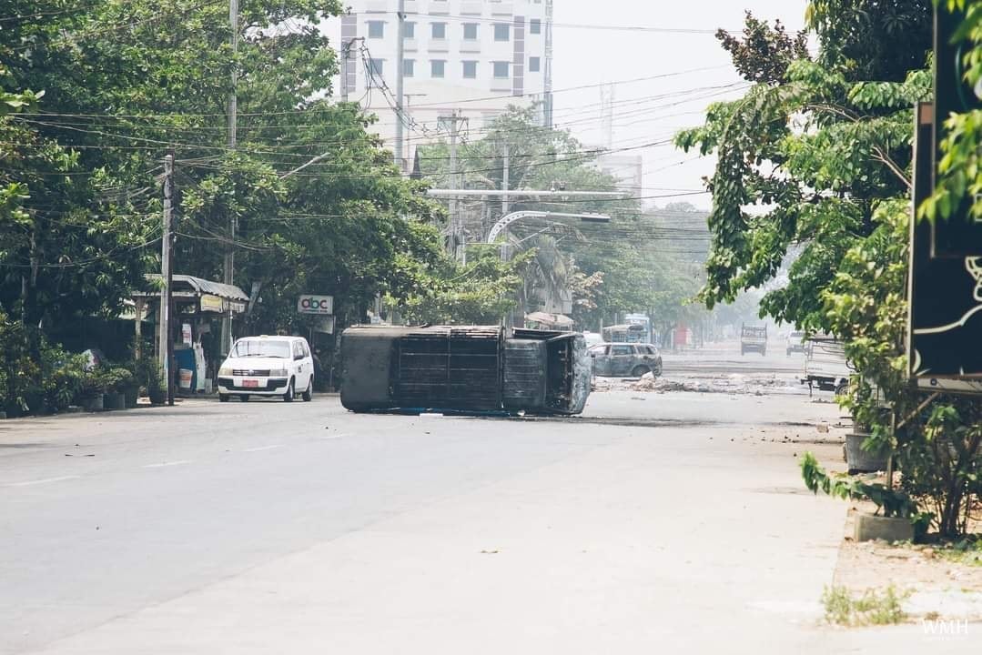 IrrawaddyNews's tweet photo. South Dagon in #Yangon  resembled a battlefield on Mar. 29 after junta forces used guns and grenades to brutally crack down on pro-democracy protesters and local residents. Locals reported at least four people were killed. (Photo: CJ)
 #WhatsHappeningInMyanmar https://t.co/4P0pPWE8DR