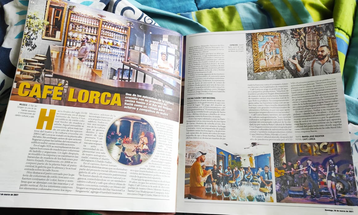NallarUbaldo's tweet photo. Gracias @LaRazon_Bolivia por la nota del día de ayer domingo.
Estamos esforzándonos para permanecer activos, a nivel global el teatro y los negocios gastronómico - turísticos fueron de los más afectados.
#Bolivia
#BoliviaContraElCovid
#revistaescape 
#caféLorca
#lasinganeria https://t.co/4vK3tHeJT4