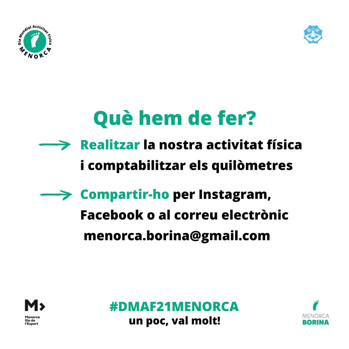 esportscime's tweet photo. REPTE COL·LECTIU DMAF 🎯
➡️Ampliam informació sobre el repte que començarà el proper 6 d’abril ‼️⏳
➡️ Qui s’apunta a sumar quilòmetres? ☝🏽
Més informació a https://t.co/FKVRnqcqkV
#DMAF21MENORCA https://t.co/C77b4A4Nsv