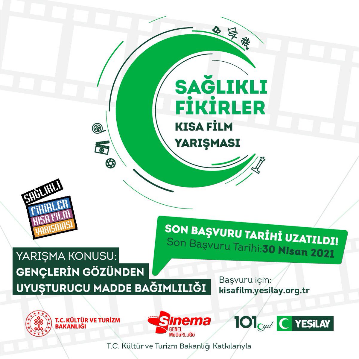 “Gençlerin Gözünden Uyuşturucu Madde Bağımlılığı” konulu Sağlıklı Fikirler Kısa Film Yarışması son başvuru tarihi uzatıldı!
*Son başvuru: 30 Nisan 2021!
Başvuru için; kisafilm.yesilay.org.tr 
#Yeşilay #KısaFilm #KısaFilmYarışması #Yarışma #ÖdüllüYarışma